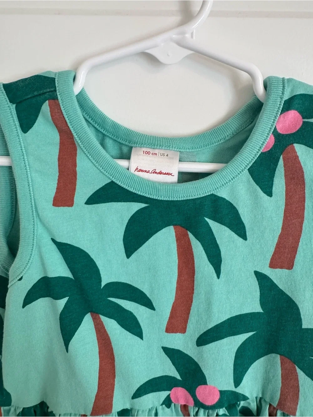 Hanna Andersson Mint Green Palm Tree Pocket Dress with Pink Accents